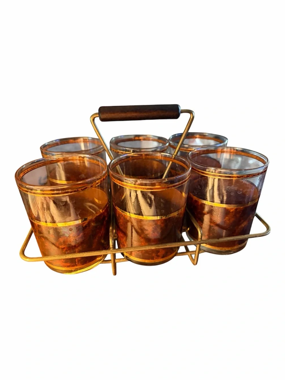 Vintage Mid-Century Culver Tortoise Shell Lowball Glasses with Brass Carrier